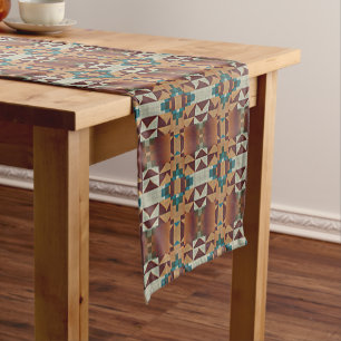 Chemin De Table Court Taupe Beige Marron Bleu Canard Vert Art Tribal