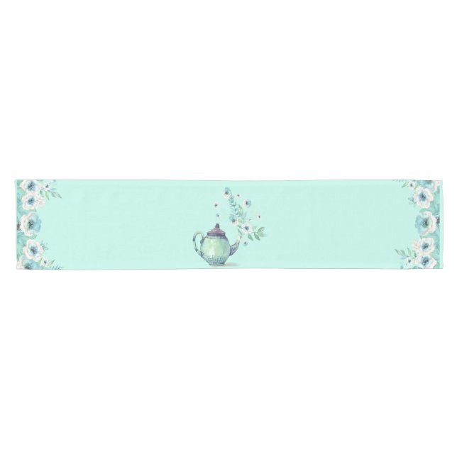 Chemin De Table Court Théière Fleurs Aquarelle Vert Menthe (Horizontal)