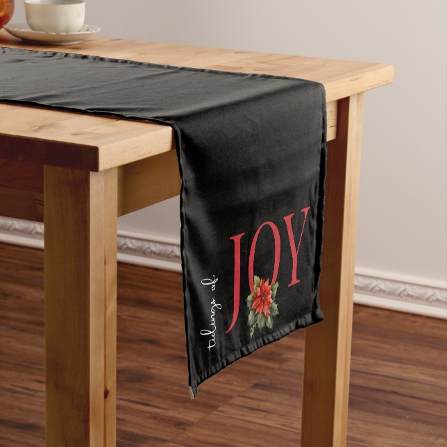 Chemin De Table Court TIGES DE JOY RED CHRISTMAS POINSETTIA sur NOIR, (In Situ)