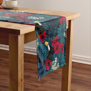Chemin De Table Court Toucans et flore tropicale, verte et rouge