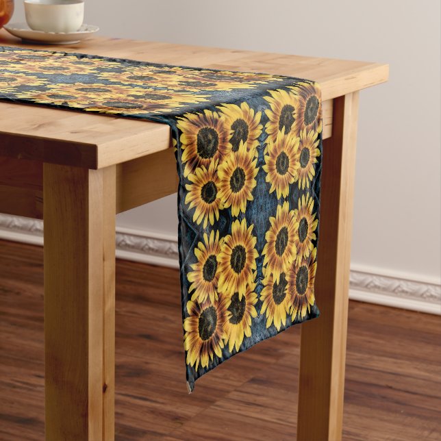 Chemin De Table Court Tournesol Jaune Russe Denim Blue Jeans Motif (In Situ)