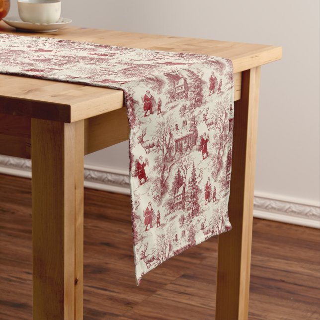 Chemin De Table Court Traditional Santa Claus Red on Cream Toile De Jouy (In Situ)