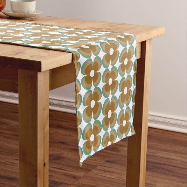 Chemin De Table Court Trendy Teal Caramel Retro Groovy Flowers Seamless (In Situ)