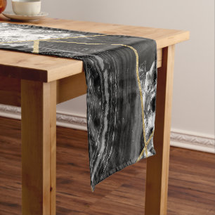 Chemin De Table Court Triangles géométriques d'agate d'or blanc noir d