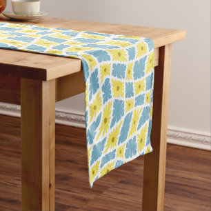 Chemin De Table Court Trippy super Wavy 60s Flower Checks Jaune Bleu