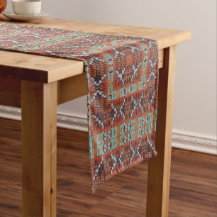 Chemin De Table Court Turquoise Blue Rust Orange Rouge Brown Tribal Art