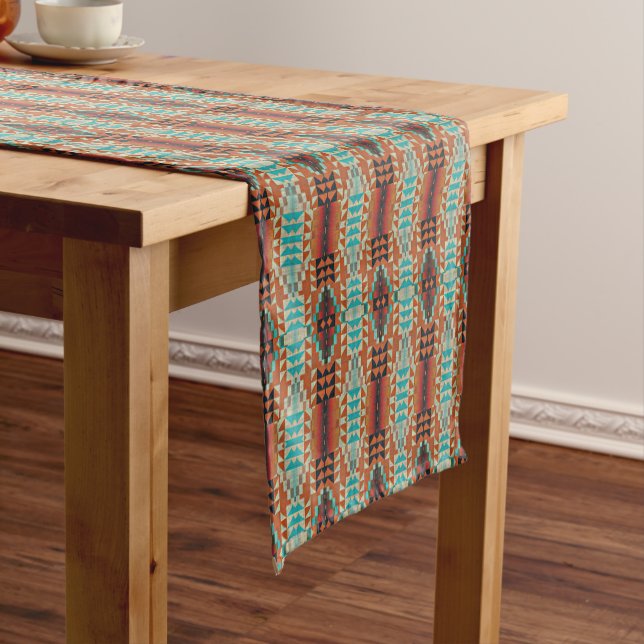Chemin De Table Court Turquoise Brown Burnt Orange Mosaic Motif (In Situ)
