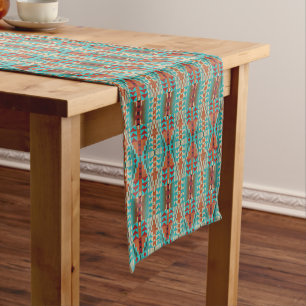 Chemin De Table Court Turquoise Burnt Orange Brown Mosaic Motif