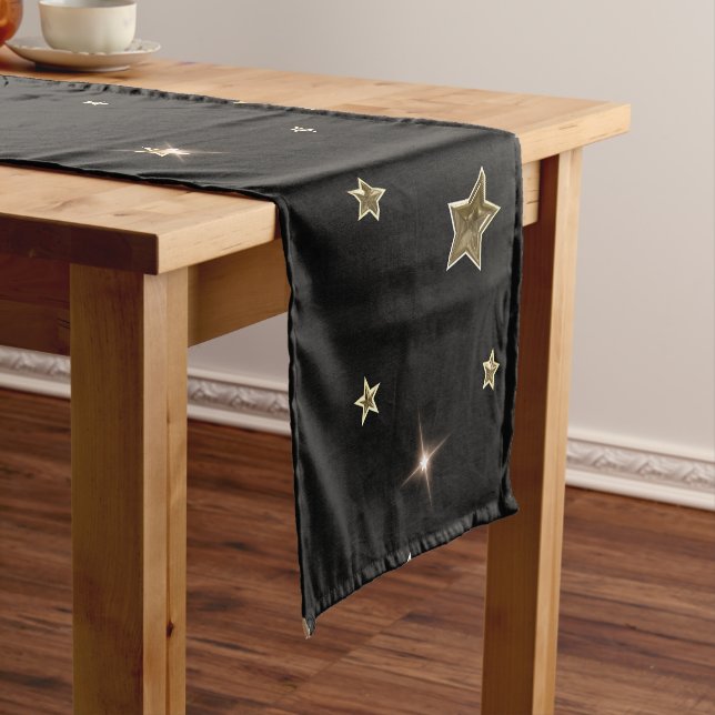 Chemin De Table Court Vacances Black et Gold Faux Metal Christmas Stars (In Situ)