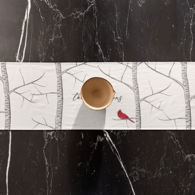 Chemin De Table Court Vacances hiver simple Red Cardinal Birger Tree (Happy Holidays Winter Birch tree red Cardinal table runner)
