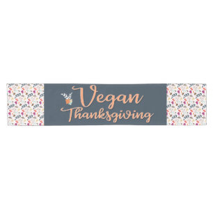 Chemin De Table Court Vegan Thanksgiving bleu avec texte orange floral