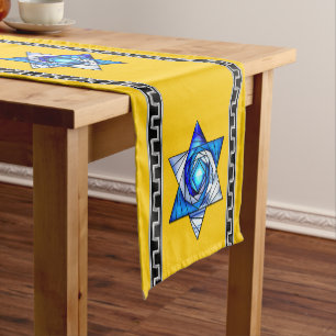 Chemin De Table Court Verre souillé Magen David de bleu d'art déco sur