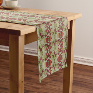 Chemin De Table Court Vert olive Rouge foncé Orange Ocre Marron Art trib