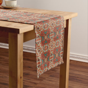 Chemin De Table Court Vert Sarcelle Rouille Orange Beige Brun Rouge Art 