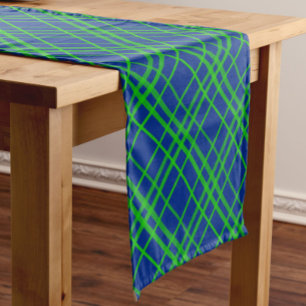 Chemin De Table Court Vert Sur Bleu Tartan Plaid Design Motif