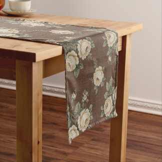 Chemin De Table Court Vintage Cream Roses on Mocha Brown Pattern