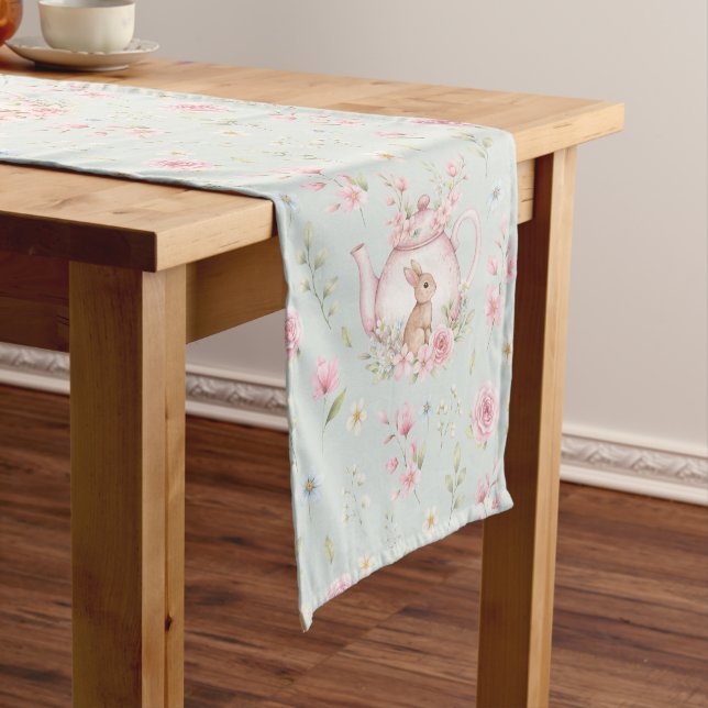 Chemin De Table Court Whimsical Bunny Teapot Spring Floral Pattern (In Situ)