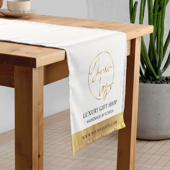 Chemin De Table Court White & Gold Logo Business Event Marque moderne (Gold logo personalized business promotional table runner for events or your boutique stand)