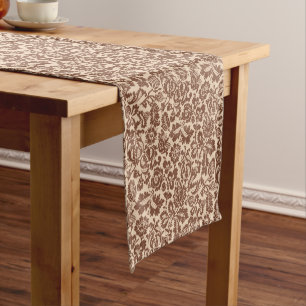 Chemin De Table Court William Morris Floral Damassé, Taupe Brun sur Beig