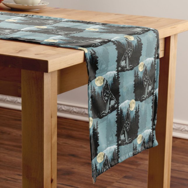 Chemin De Table Court Wolf Howling À Moon Design Motif (Créateur téléchargé)