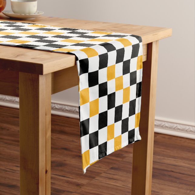 Chemin De Table Court Yellow Black White Checkered Pattern Design  (In Situ)