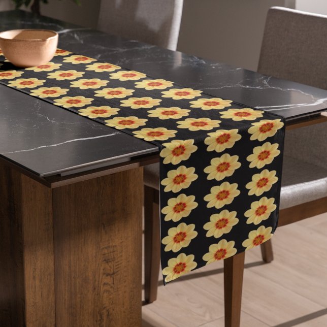 Chemin De Table Court Yellow Dahlia Floral Pattern on Black (In Situ)