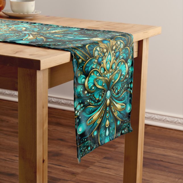 Chemin De Table Long Abstrait Golden Floral Blue Green Élégant Motif (In Situ)
