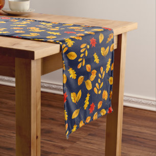 Chemin De Table Long Aquarelle Automne Leaf Fall Navy
