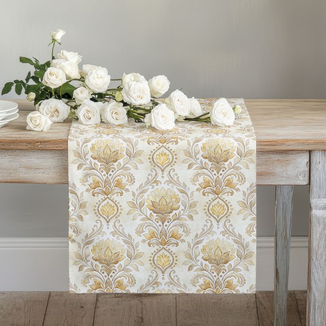 Chemin De Table Long Aquarelle Damas Print Table Runner Classic Ivory (Watercolor Damask Print Table Runner Classic Ivory)