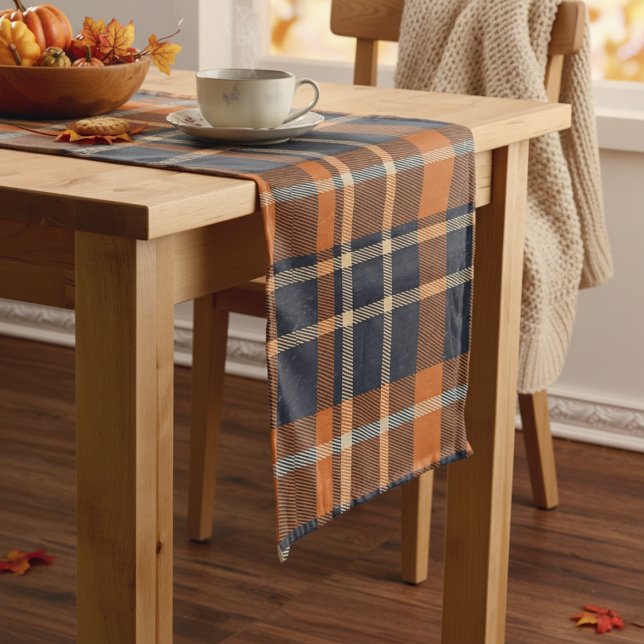 Chemin De Table Long Automne Orange et Bleu vérifié Plaid (Autumn Orange and Blue Checked Plaid Long Table Runner)