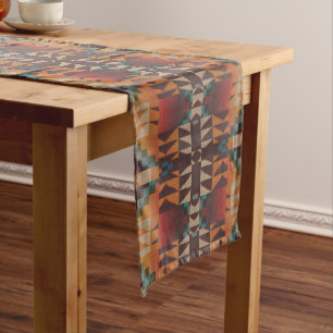 Chemin De Table Long Bleu turquoise Beige Rouge foncé Art Tribal Brown
