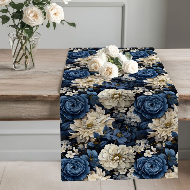 Chemin De Table Long Blue and Ivory Floral Modern Table Runner (Blue and Ivory Floral Modern Table Runner)