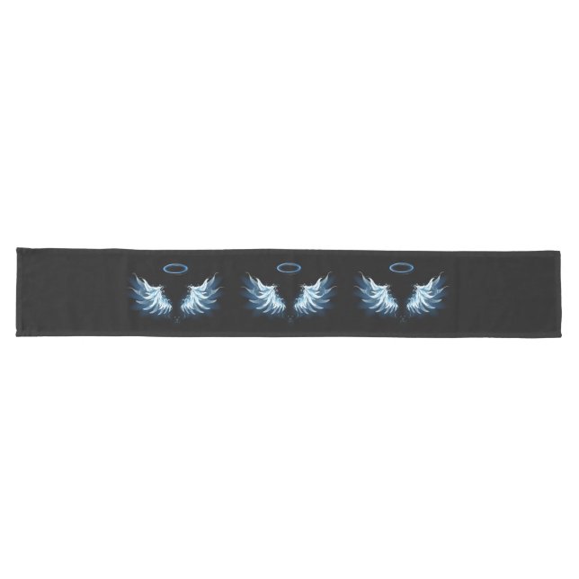 Chemin De Table Long Blue Glowing Angel Wings on black background (Horizontal)