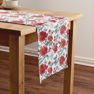 Chemin De Table Long Charme de Toile Rouge - Appel Floral Classique