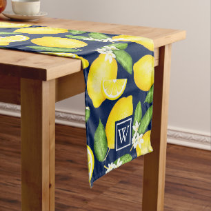 Chemin De Table Long Citrus Botanique Lemon Navy Monogramme bleu