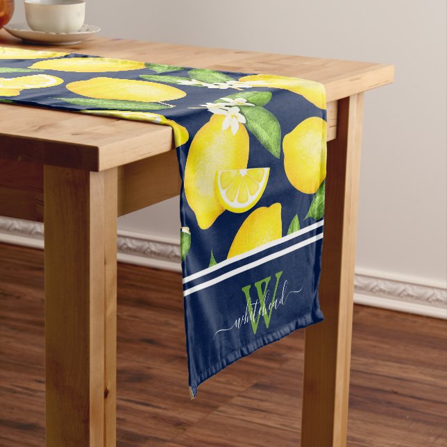 Chemin De Table Long Citrus Citron Botanique Élégant Monogramme Marine (In Situ)