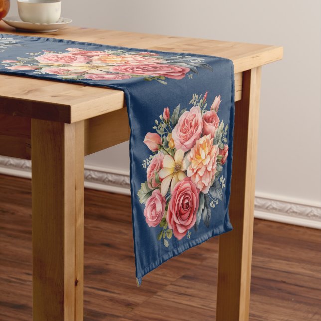 Chemin De Table Long Classic Pink Roses on Blue Background Table Runner (In Situ)