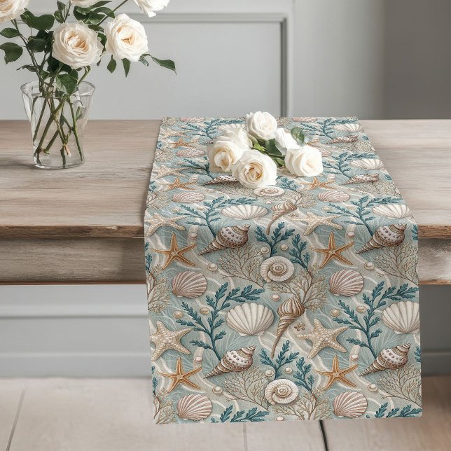 Chemin De Table Long Coquillages Maritimes - Moteur De Table Runner Nau (Maritime Seashells-Patterned Table Runner Nautical)