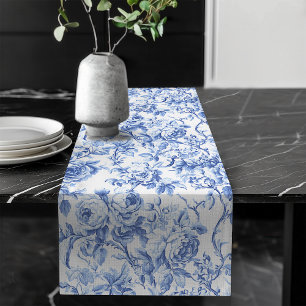 Chemin De Table Long Couleur Bleu Marine Toile de Jouy Fleurs Roses Che