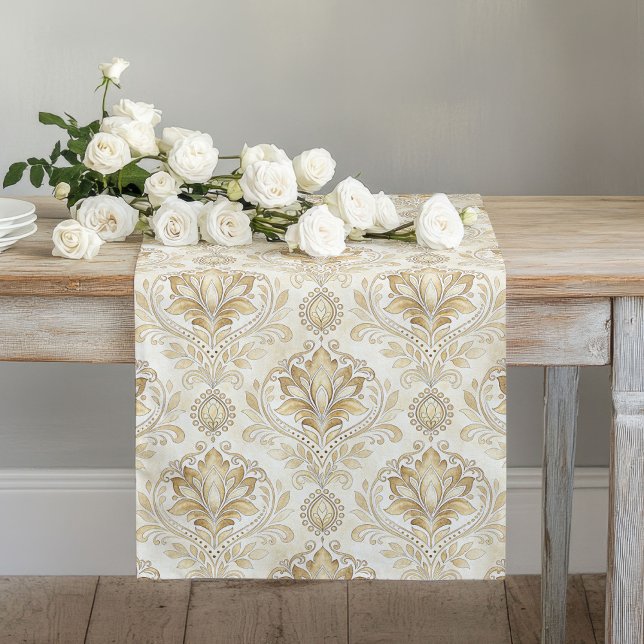 Chemin De Table Long Couleurs d'ivoire d'aquarelle de la table Damask r (Romantic Damask Table Runner Watercolor Ivory Hues)