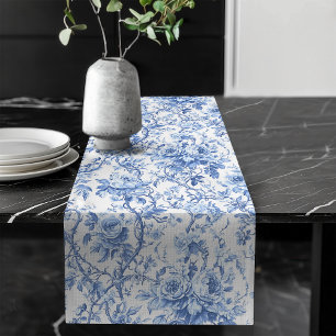 Chemin De Table Long Coulis de Cottage Toile de Jouy Fleurs Roses Nappe