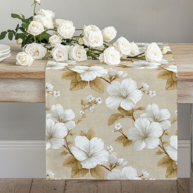 Chemin De Table Long Coure de table fleurs blanches bohème neutre (Boho Neutral White Flowers Table Runner)