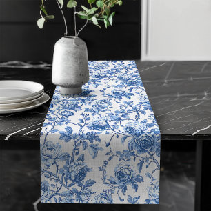Chemin De Table Long Coure de table floral Toile de Jouy bleue vintage
