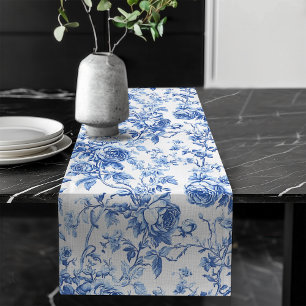 Chemin De Table Long Coureur de table floral Toile de Jouy bleue classi