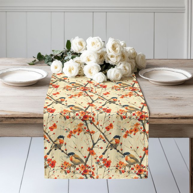 Chemin De Table Long Coureur douillet avec Oiseaux automnaux et Forêts  (Cozy Runner with Fall Birds and Woodland Floral)
