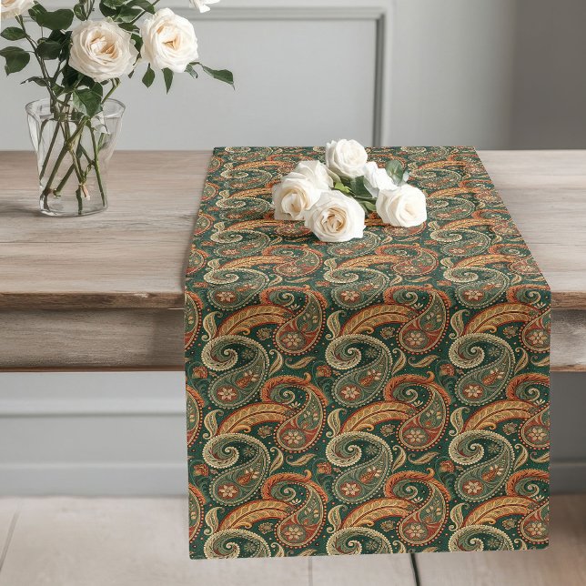Chemin De Table Long Earthy Paisley Boho Dark Green Brown Sage en cuivr (Earthy Paisley Boho Dark Green Brown Copper Sage Long Table Runner)