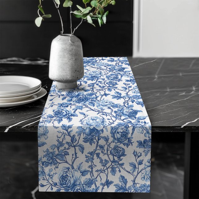 Chemin De Table Long Elegant Blue French Toile Roses Floral Table Runne (French toile de jouy roses,
Luxurious navy roses table runner,
dusty Blue flowers botanical garden,
)