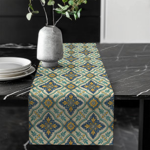 Chemin De Table Long Elégant Carrelage méditerranéen Motif vert pastel