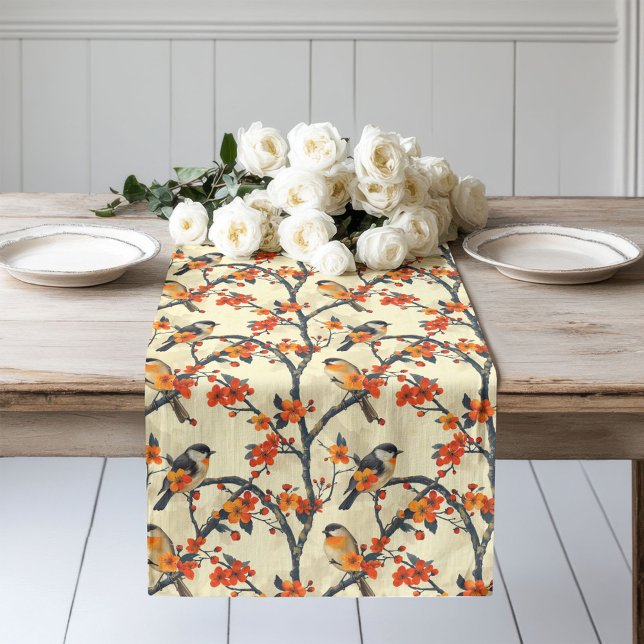 Chemin De Table Long Elégant coureur d'automne avec oiseaux Fleurs Whim (Elegant Fall Runner with Birds Whimsical Flowers)