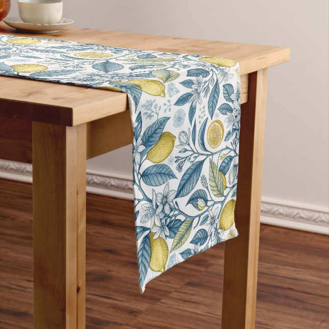 Chemin De Table Long Elegant Mediterranean Lemon Botanical Navy (In Situ)